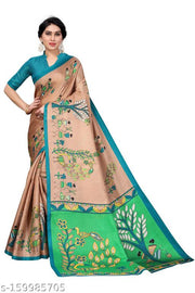 Women's Art Silk Kamamkari Printed Saree with Blouse Piece  