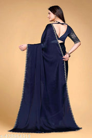 Women's Navy Blue Silk Saree with Heavy Floral Sequin Embroidered Blouse and Cutwork Border
