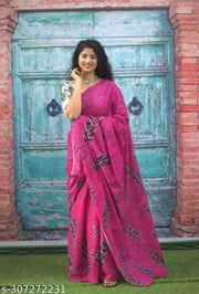 Jaipuri Hand Block Printed Soft Cotton Mulmul Saree ,Sanganeri Cotton Malmal Saree, Bagru Cotton Saree, Batic / Batik Print Cotton saree In Super Fine 92*80 Fabric Quality With Attached Blouse Piece for Woman