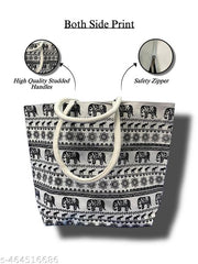 "Stylish Canvas Bag with Black Elephant Print & Studded Handle – Perfect for daily Use!"