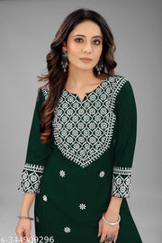 Women Embroidered Cotton Rayon Straight Kurta  (Green)