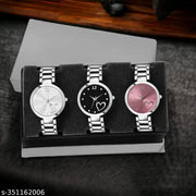 TRENDING MULTI-COLOR (SILVER, BLACK, PINK,) DIAL ANALOG SILVER STAINLESS STEEL STRAP 3 COMBO WATCH ,