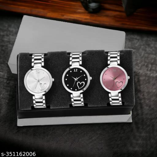 TRENDING MULTI-COLOR (SILVER, BLACK, PINK,) DIAL ANALOG SILVER STAINLESS STEEL STRAP 3 COMBO WATCH ,