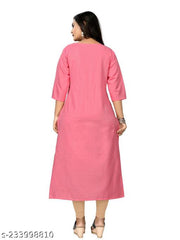 Cotton Blend Round Neck Embroidered Straight Kurta For women (Pink,Yellow) |Kurtas| (Pack of 2)