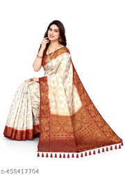 NEW BANARASI SILK SAREE WITH UNSTICHED TASSELS & LATKAN