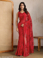 Uniq Party Wear Sequins Flowr Design Saree In Georgette