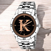 Natrix Analog Round Black Dial ALPHABET K Design Stylish Silver Stainless Steel Strap Classic Design Fancy Wrist Watch for Men and Boys, Pack of 1 - ALPHA-K-AVO-SIL-STL