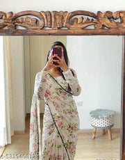 White Flower Printed Georgette Saree