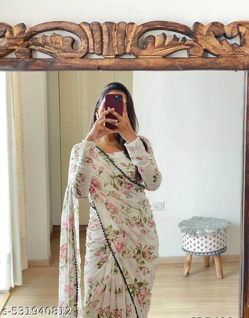 White Flower Printed Georgette Saree