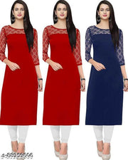 Polyster/Crepe fabric-Casual Round-Neck 3/4th Length Sleeves (45"Inches)