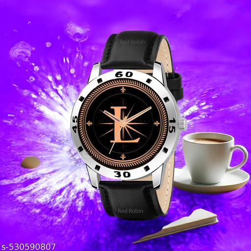 Femeo  Analog 9103 Watches Round Black Dial L Design Stylish Black Leather Strap Classic Design Fancy Wrist Watch for Men and Boys, Pack of 1 - A07ZALPHA-L-AVO-SIL-BLK-L