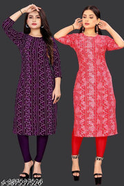 Women’s Printed Crepe A-Line Stright Kurti | Daily Office Wear | Stylish Multicolor Design Combo of 2 PACK OF 2 | Extra plus size - S, M, L, XL, 2XL, XXL, 3XL, XXXL, 4XL, 5XL
