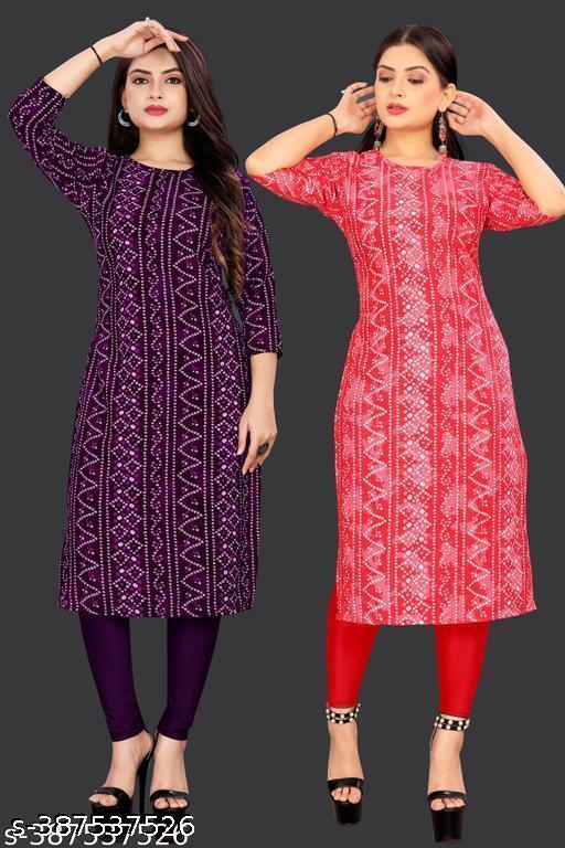 Women’s Printed Crepe A-Line Stright Kurti | Daily Office Wear | Stylish Multicolor Design Combo of 2 PACK OF 2 | Extra plus size - S, M, L, XL, 2XL, XXL, 3XL, XXXL, 4XL, 5XL