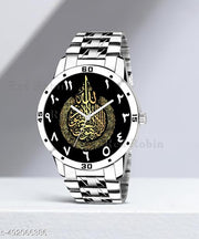 Natrix Analog AYATUL KURSI Design Black Dial Stylish Silver Stainless Steel Strap Wrist Watch for Muslim Men and Boys, Pack of 1 - AYATULKURSI-AVO-SIL-STL | Eid Special Collection