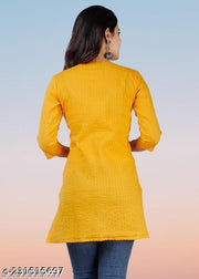 Sudhi Womens Pintucks Solid Short Kurti Yallow