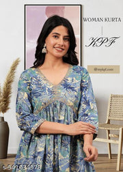 Floral Printed V-Neck Cotton A-Line Kurta