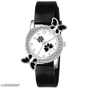 Analogue Butterfly Dimond Studded Flower Design Dial PU Strap Analog Girl's and Women's Watch
