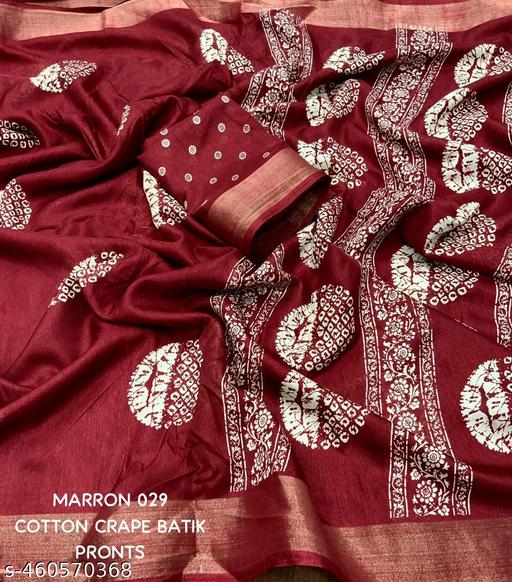 New Launch Batik Polka Printed Soft Handloom Cotton Crepe Silk Saree With Woven Zari Pattu Border