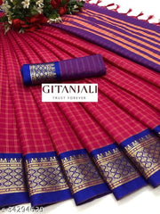 NEW GITANJALI  COTTON SILK CHEX SAREE WITH  JARI WOVEN DESING FOR WOMEN