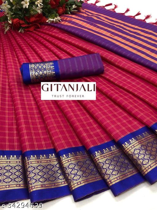 NEW GITANJALI  COTTON SILK CHEX SAREE WITH  JARI WOVEN DESING FOR WOMEN
