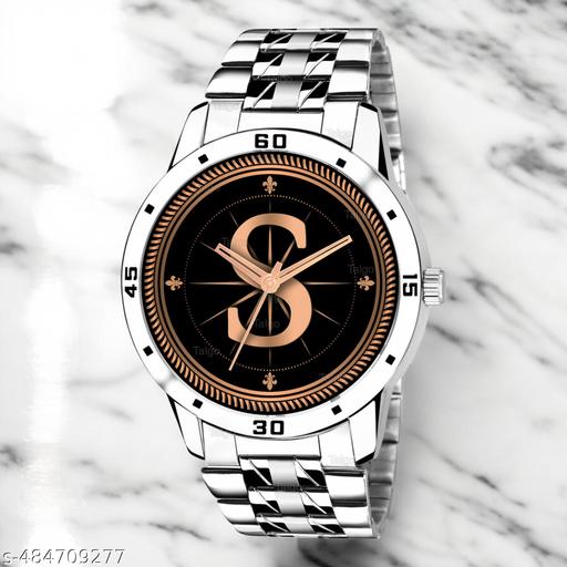 Talgo Analog Round Black Dial ALPHABET S Design Stylish Silver Stainless Steel Strap Classic Design Fancy Wrist Watch for Men and Boys, Pack of 1 - ALP-S-AVO-SIL-STL