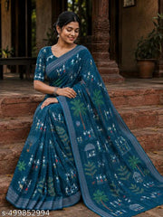 Cotton Linen Teal Kasavu Flower Digital Print Saree Designer And Fancy Bollywood Partywear Wedding Traditional Latest Trends Sari