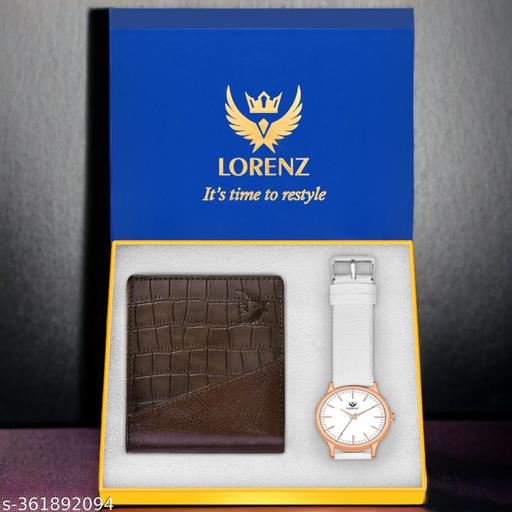 LORENZ Slim White Dial Watch & Brown Wallet Gift Combo for Men and Boys | CM-4057WL-89