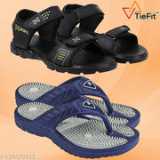 TieFit Men's Accupressure Non-Slip Slippers & Light Weight Sandal Combo Pair Of 2