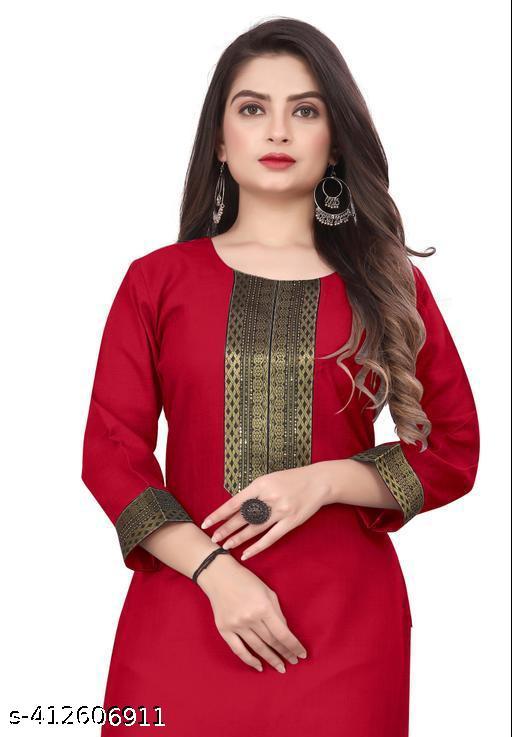 Yova Style Plain Regular Use Cotton Straight Golden Zari Border Woven Lace Work Kurta Kurti for Women