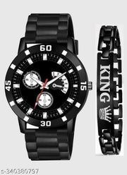 New stylish amazing analogue watches combo with bracelet wrist watch rubber strap belt black colour watch for boys & men
