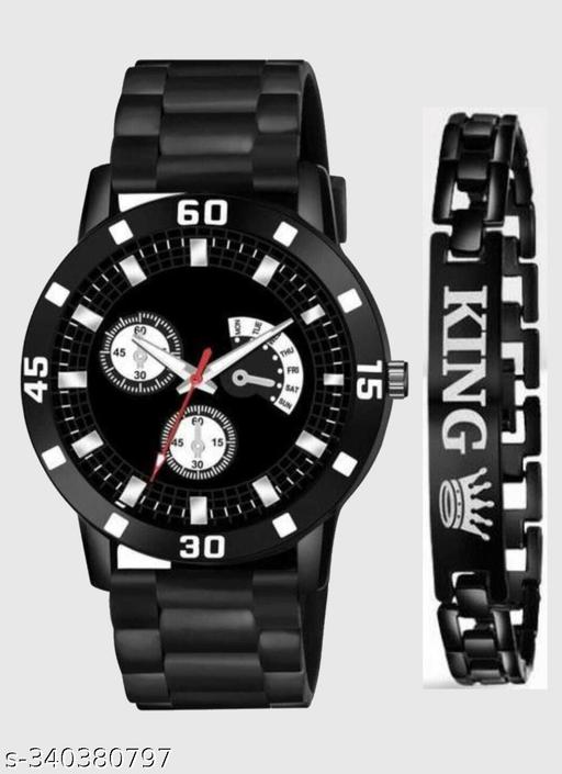 New stylish amazing analogue watches combo with bracelet wrist watch rubber strap belt black colour watch for boys & men