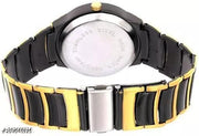 Intensify Branded  Quartz Movement Round Diamond Studded Dial Metal Chain Strap Black-Gold Color Wrist Watch for Men.