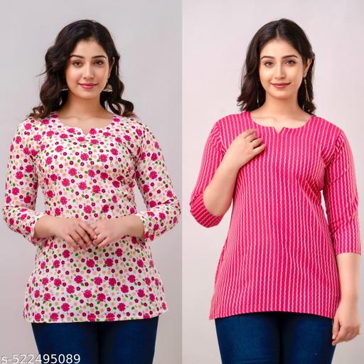 Women’s Short Printed Kurti Pack of 2 Cotton Casual Combo for Women