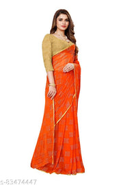 AnyTime's  Poly Chiffon Orange Lace border Saree With Blouse