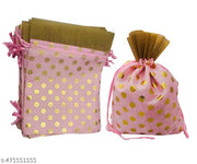 3A FEATURETAIL 13Cm X 18Cm 10pc Pink Color Golden Polka Dot Small Drawstring Bags Pouches Potli For Gift, Jewelry, Dryfruits & Candy