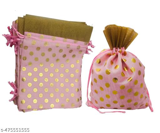 3A FEATURETAIL 13Cm X 18Cm 10pc Pink Color Golden Polka Dot Small Drawstring Bags Pouches Potli For Gift, Jewelry, Dryfruits & Candy
