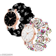 Scrunchie Bands Watch for Women & Girls Scrunchies Watch Classic Flower Dial & Unique Scrunchies Watches Strap Cloth Soft Pattern Solid Fabric Wristband Watch Combo Pack of 2