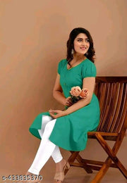 Women's&Girl's "Rayon"  Fashionble v-neck with puff sleeb  stylish kurti(aquablue)