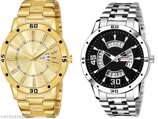 Day n Date Men Stylish Analog Latest Watches Combo - Set of 2 - GOLD-20-AND-SLV-21