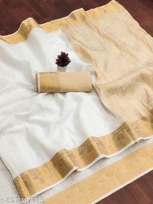 Top trending latest party wear / wedding Women's Jacquard Rapier Weaving White Cotton Silk Saree with Gold Zari Border & Rich Pallu | Traditional Festive Wear Saree