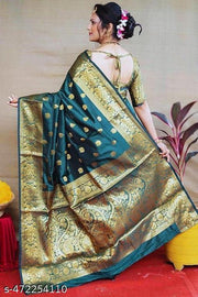 Women’s Soft Banarasi Silk Saree New Collection Sarees With Blouse Piece Peacock Blue