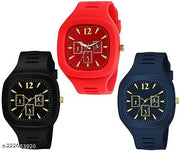Square Dial Black Blue Grey White Red Analog Watches with Silicon Strap Stylish ADDI Designer Combo Watch for Mens & Boys Pack of 3
