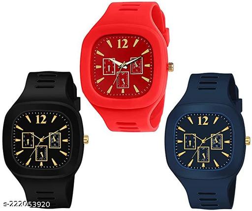 Square Dial Black Blue Grey White Red Analog Watches with Silicon Strap Stylish ADDI Designer Combo Watch for Mens & Boys Pack of 3