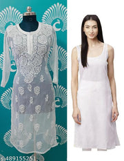 Women's Chikankari Embroidered Chiffon Rose Gaal Booty Long Kurti wih inner.