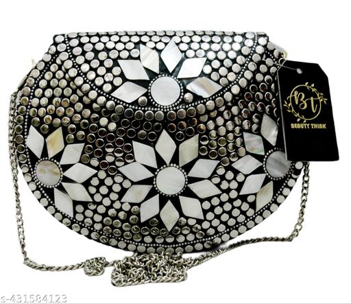 BEAUTY THINK metal clutch silver colour for women MOP flower 18x13cm