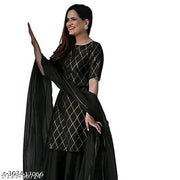 Women's Beautiful Rayon Printed Round Neck Kurta And Sharara With Net Dupatta Set