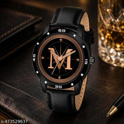 Prathshya Analog Round Black Dial ALPHABET M Design Stylish Black Leather Strap Classic Design Fancy Wrist Watch for Men and Boys, Pack of 1 - ALPHA-M-AVO-BLK-L