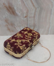Party Velvet Clutch for Women Trendy Maroon Color Box Clutch with Handle Dulhan purse Bridal Clutch