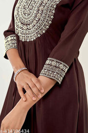 Glomee Presented Rayon Cotton Embroidery work Nayra cut kurta (BROWN)
