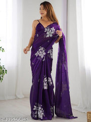 Women's Beautiful Golden Sparkle Silk Sequence Work Saree With Unstiched Blouse ( Purpal )